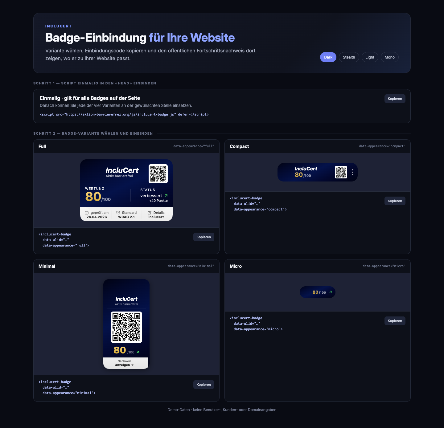 Backend-Auswahl der vier IncluCert-Badge-Varianten mit Einbindungscode